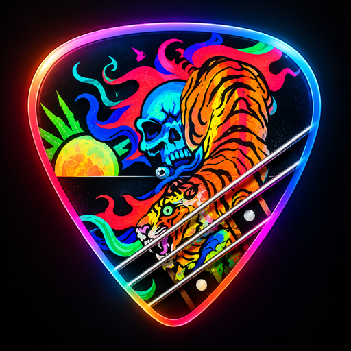 RiffLater app icon: a neon guitar pick with a tiger, skull, and strings